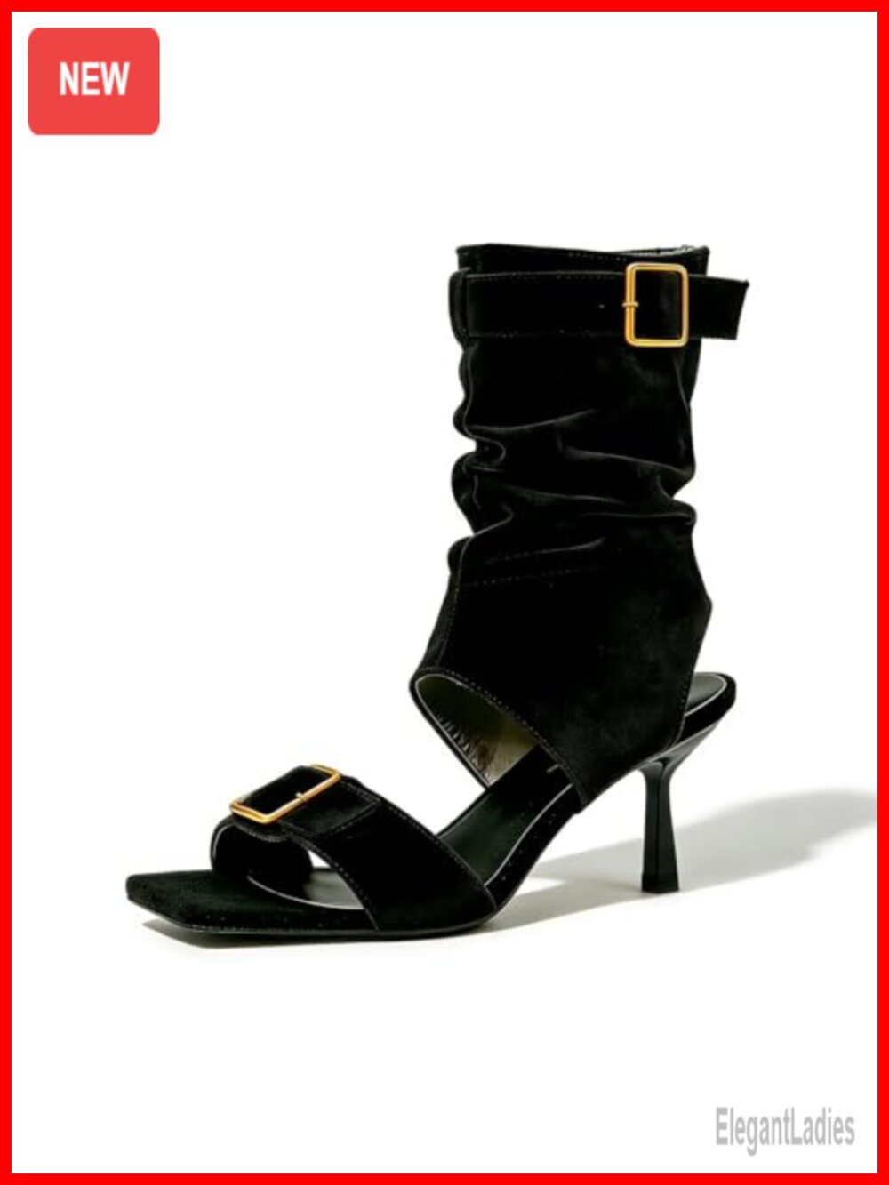 Faux Suede Kitten Heel Slingback Sandal Boots Belt Buckle Square Toe